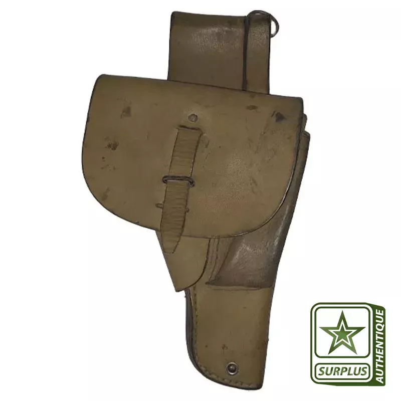 Étui armée française en cuir avec boutons, attaches en métal. 
Petit étui utilisé pour contenir un pistolet modèle MAC 50.