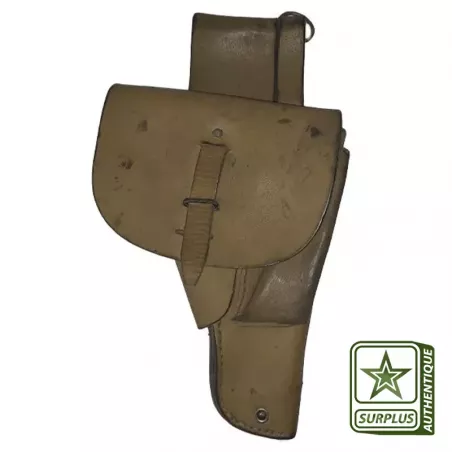 Étui armée française en cuir avec boutons, attaches en métal. 
Petit étui utilisé pour contenir un pistolet modèle MAC 50.