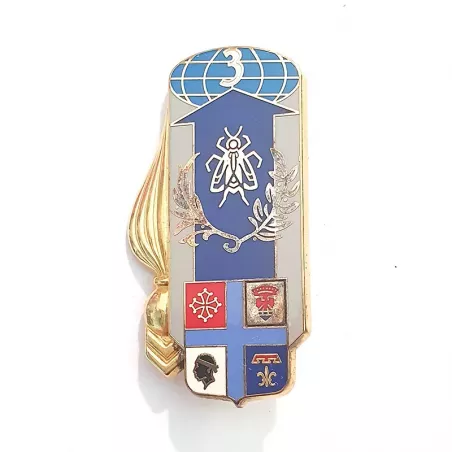 Insigne du 3e Groupement Logistique, de plusieurs couleurs et de symboles (globe, mouche, armoiries, grenade, chevrons...)