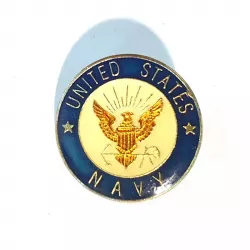 Pin's rond bleu jaune et or, Titré "United States Navy" et illustré par une pygargue tenant une ancre.