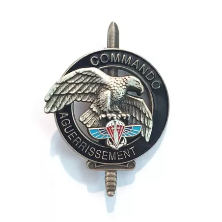 Brevet militaire "COMMANDO AGUERRISSEMENT" composé d'une épée, d'un anneau, d'un aigle et de l'insigne du 2e RPIMA.