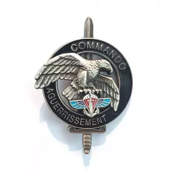 Brevet militaire "COMMANDO AGUERRISSEMENT" composé d'une épée, d'un anneau, d'un aigle et de l'insigne du 2e RPIMA.