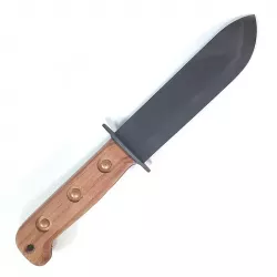 Couteaux Sheffield Commando britannique, à lame fixe en acier au carbone phosphaté, un manche en bois et un fourreau en cuir.